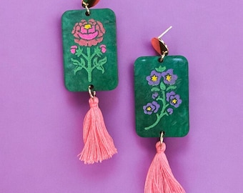 Brincos de Mahjong com Flor de Jade