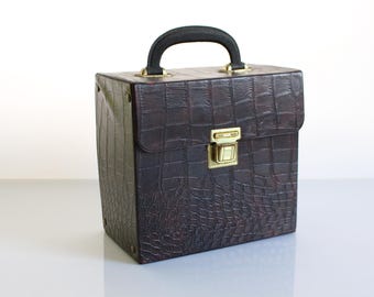 record case, singles case, 7 inch record case, record storage, vinyl records, 1970s case, brown croco look