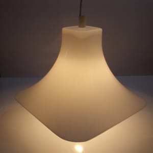 space age ceiling lamp, ceiling light, hanging lamp, witch hat, white plastic, 1970s, plastic fantastic