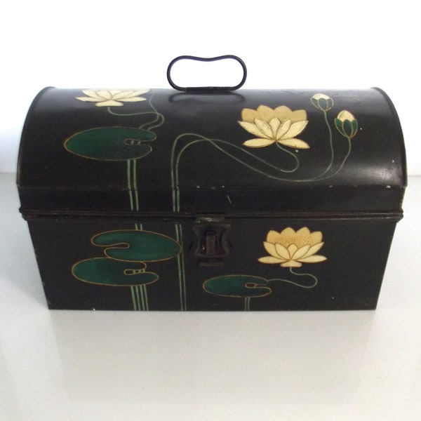 art nouveau tin plate bread box, storage box, tin small chest, decorated with lotus flowers, unique and rare box, jugendstil