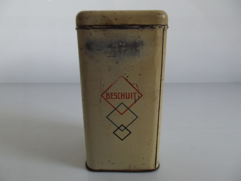 Dutch vintage Stereo beschuit cannister, rusk tin, decorative tin, old tin, 1932 / 1966 image 5