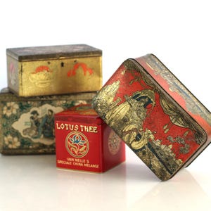 set of 4 nostalgic tins, canisters, oriental style tins, tea tin, 50s and 60s, kitchen decor