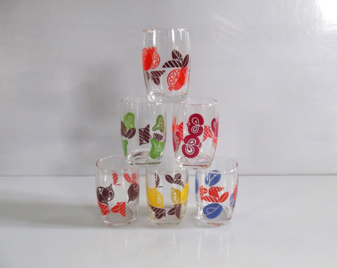 Vintage Set Juice Glasses, Breakfast Glasses, Lemonade Glasses, 1970s, Funky Fruit Decor, Italy