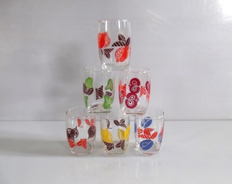 vintage set juice glasses, breakfast glasses, lemonade glasses, 1970s, funky fruit decor, Italy