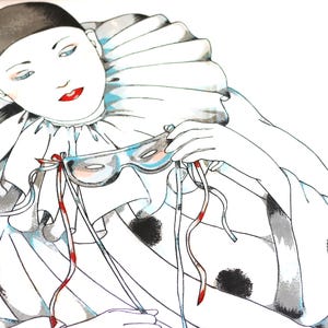 May include: Illustration of a person in a white and black harlequin costume, wearing a black cap and holding a silver mask with red ribbons. The person has pale skin, blue eyes, and red lips. The costume has a ruffled collar.