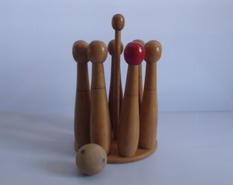 wooden skittle game. skittles, bowling game, wooden toy, 1950s, mid century