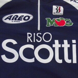 May include: A navy blue cycling jersey with white accents and sponsors' logos, including "Areo by Rivoita", "Biemme", "MOG", and "Riso Scotti".