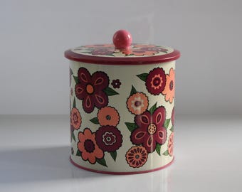 vintage 70s storage tin, storage container, kitchen jar, flower power, retro kitchen