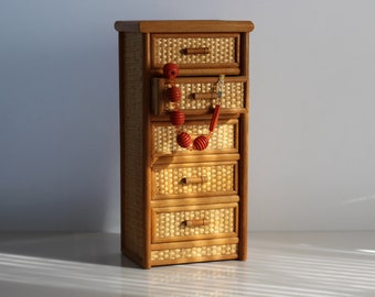 vintage rattan jewelry cabinet, boho style cabinet, tiki style, drawer cabinet, bathroom cabinet, 1970s