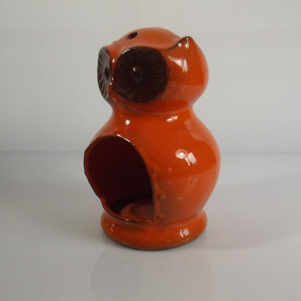 Scheurich owl candle holder, tea light holder, orange ceramic, Germany 1970s ceramic