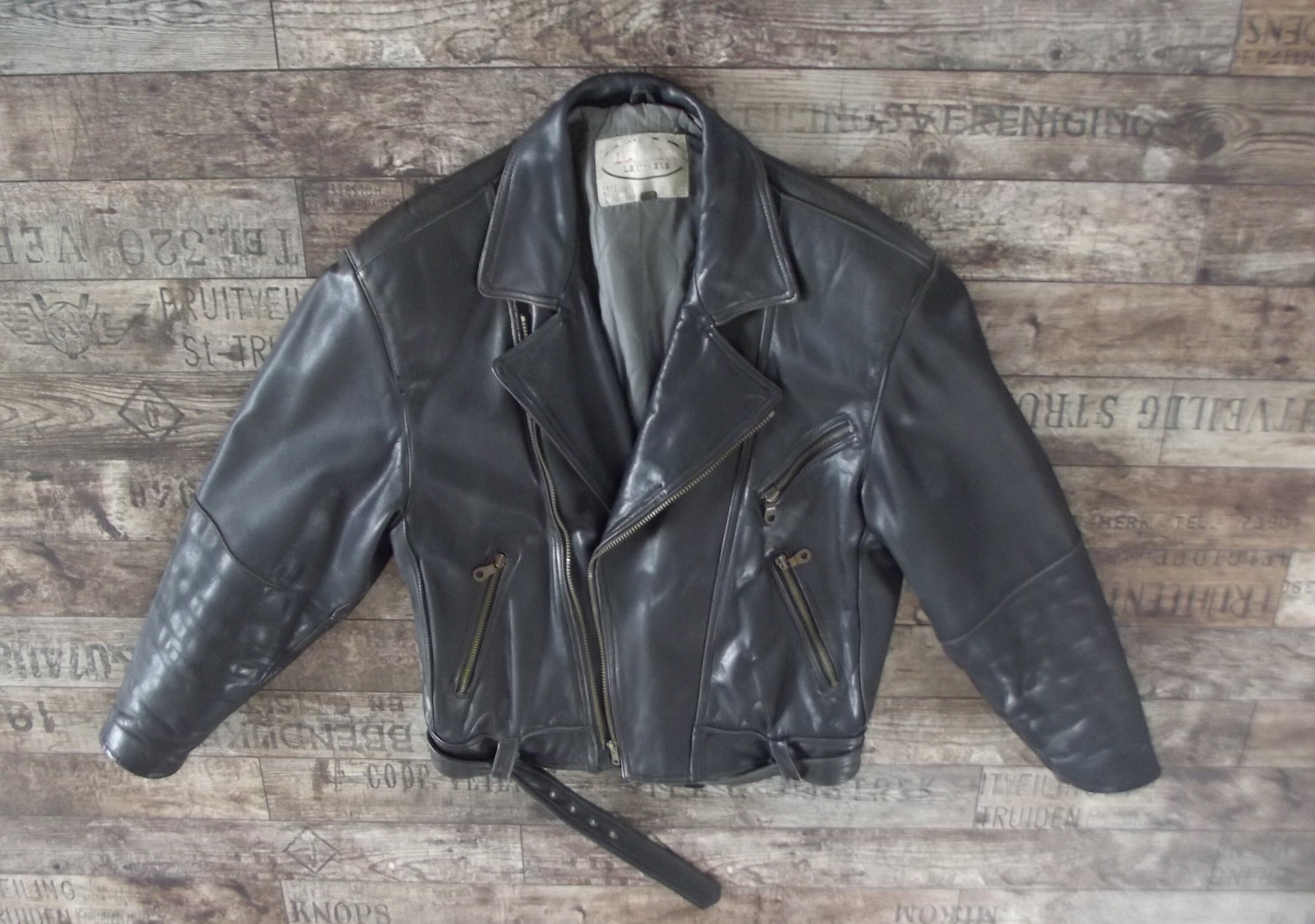 Vintage Black Leather Motorcycle Jacket, Motor Coat, Rockers Jacket, Cafe Racer, Damen Leathers, Size 54 Vintage Black Leather Motorcycle Jacket, Motor Coat, Rockers Jacket, Cafe Racer, Damen Leathers, Size 54