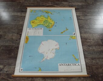 vintage wandkaart, schoolkaart, landkaart Australie en Antarctica, G.B. van Goor zonen's uitgevers maatschappij