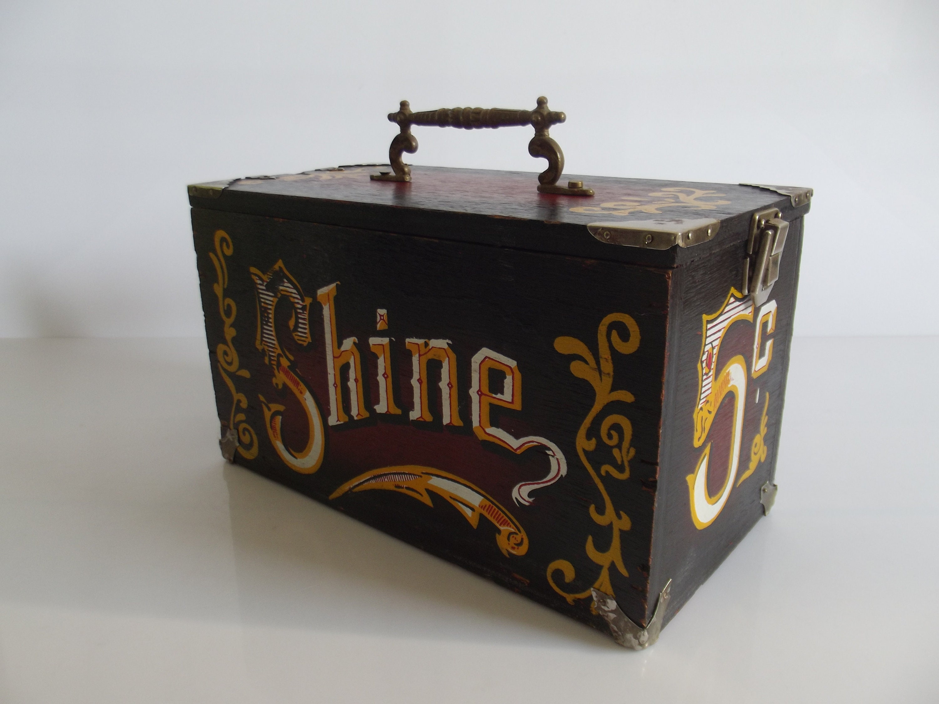 Vintage painted wood shoe shine box with metal shoe plate, 5-cent shoe  shine, carnival prop, wood shoe box, circus decor, word SHINE sign