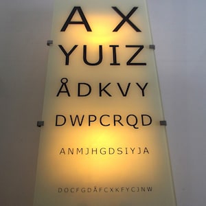 Ikea 90s wall lamp, Model Gyllen, rare, eye test chart lamp, eye exam chart, design lamp, David Wahl