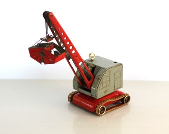 tin toy crane, toy excavator crane,  toy vintage toy crane, US zone Germany, MFZ, vintage tin toys