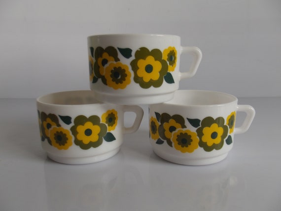 4 Tasses & Soucoupes Rotterdam Arcopal France Floral Rétro Jaune Orange