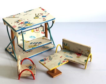 vintage French dollhouse furniture set, garden furniture set, handmade miniature furniture, 1950s