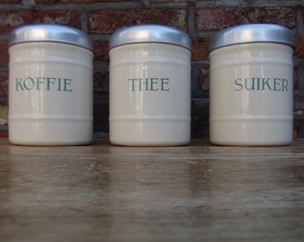 set enamel kitchen storage tins, storage canisters, coffee ,tea & sugar tins, 1930s, kitchen decor  tins