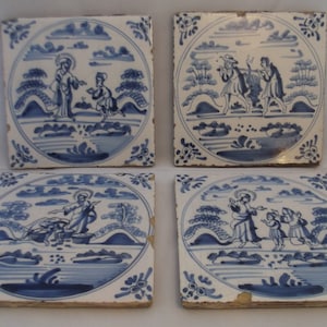 4 antique Dutch tiles with religious biblical scenes decoration