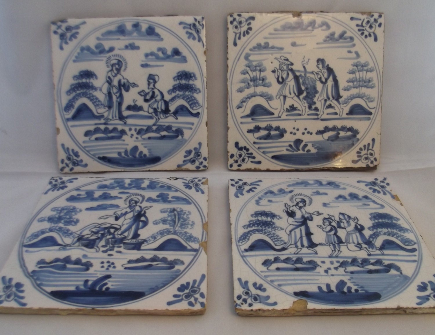 4 antique Dutch tiles with religious biblical scenes decoration
