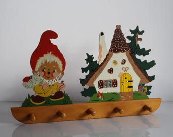 vintage wooden children's coat rack, coat hooks, design; alfred mertens pfullingen, gnome, gnome house, fairy tale