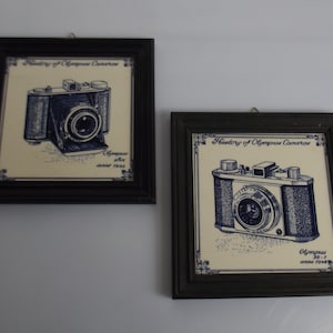 Olympus classic camera tiles, Olympus six, Olympus 35 -1, Dutch blue tiles, set of 2, collectable camera