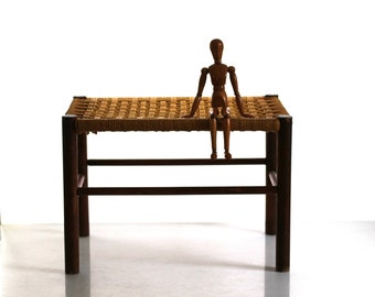 Danish 60s stool, footstool, foot rest,wooden stool with woven seat, mid century, Scandinavian stool
