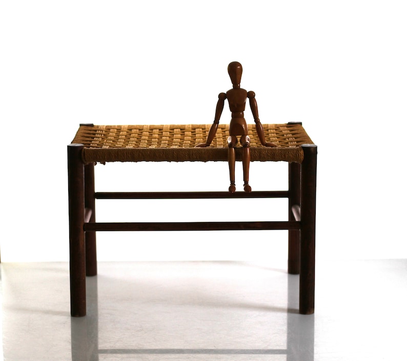 Danish 60s stool, footstool, foot rest,wooden stool with woven seat, mid century, Scandinavian stool image 1