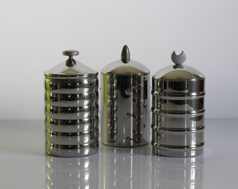 Autobuses de serie Alessi, autobuses Kalisto1,2,3, diseño; Clare Brass, casquillos de acero inoxidable/inox, casquillos de diseño, casquillos de almacenamiento de cocina, juego de 3