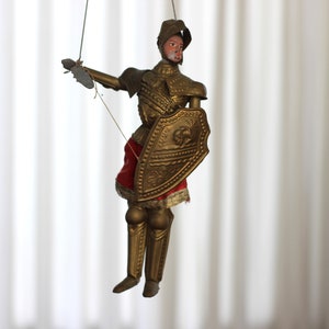 antique knight marionette doll, French puppet, knight marionette, soldier marionette, wood and brass, puppet theatre