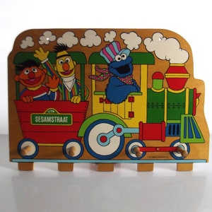 vintage Sesame street wooden children&#39;s coat rack, Cookie monster,  Ernie, Bert, train coat rack