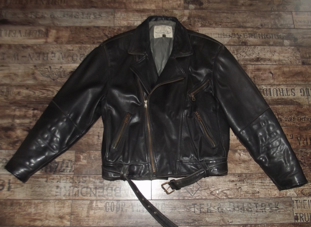 Vintage Black Leather Motorcycle Jacket, Motor Coat, Rockers