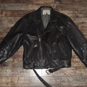 vintage black leather motorcycle jacket, motor coat, rockers jacket, cafe racer, Damen leathers, size 54