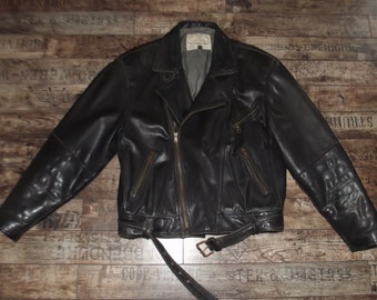 vintage black leather motorcycle jacket, motor coat, rockers jacket, cafe racer, Damen leathers, size 54