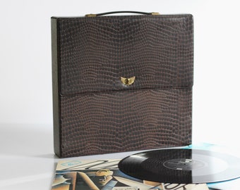 vintage record case, album case, brown alligator look finished vinyl, vinyl album case, 12 inch records