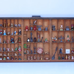 vintage antique wooden letterpress tray and display case full of original curios,  letter drawer, printers tray, unique filled letter tray
