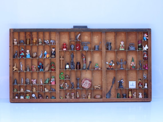 vintage houten letterbak, gevulde letterbak, grote drukpers letters lade, industriele letter bak, curiosa gevulde houten lade