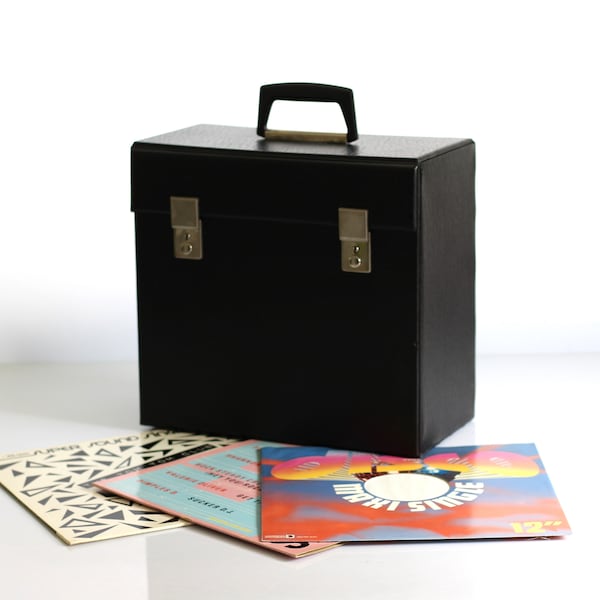 vintage zwarte platen koffer , jaren 70 LP koffer, album koffer, 12 inch platen koffer, vinyl, vinyl platen