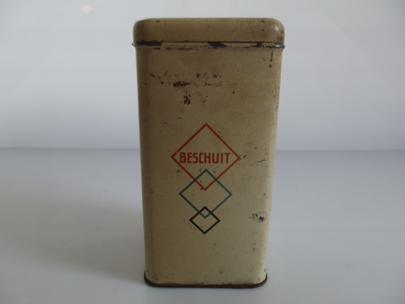 Dutch vintage Stereo beschuit cannister, rusk tin, decorative tin, old tin, 1932 / 1966 image 3