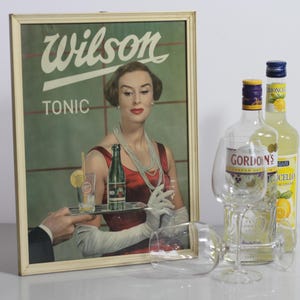 Op de afbeelding: Een vintage ingelijste advertentie voor Wilson Tonic met een vrouw in een rode jurk en witte handschoenen die een glas tonic vasthoudt. De advertentie wordt weergegeven naast twee flessen sterke drank, een met een Gordon's-label en de andere met een Montello-label.
