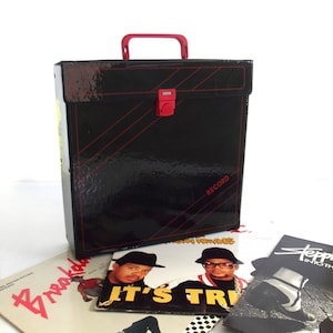 vintage record case, vinyl record album, 12 inch record storage, black and red, made by FortyFour Holland