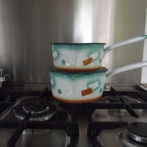 vintage French enamel saucepans, enamel pans, 1930s