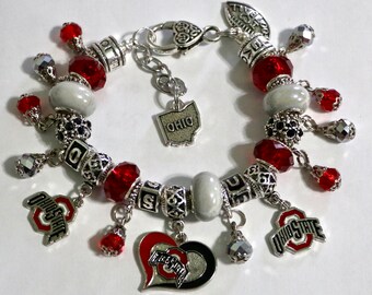 College Jewelry Ohio State Buckeyes Stainless Steel Adjustable Bangle Bracelet with Yellow Gold Plated Round Charm