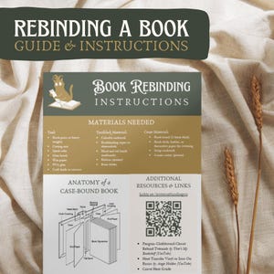 Op de afbeelding: Een gids voor het inbinden van boeken met de titel "Rebinding a Book Guide & Instructions". De gids bevat een lijst met gereedschappen, materialen en instructies. De afbeelding bevat ook een diagram "Anatomie van een gebonden boek" en een QR-code.