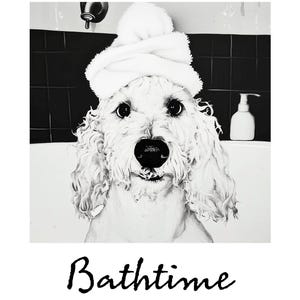 Cockapoo Bathtime Art Print – Quirky Cartoon Dog Illustration – Funny Bathroom Wall Decor for Dog Lovers & Pet Parents