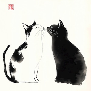 Black and White Cat Print Wall Art Poster - Meet & Greet - Japanese Style - Cute