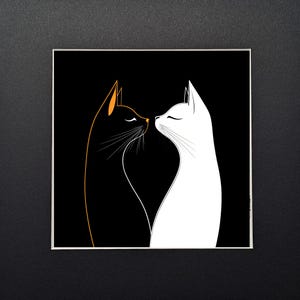 Black Cat Print Wall Art For the Cat Lover- Yin & Yang - Black Cat - White Cat - Giclee Archival Print 0 Cat Lady Gift for Living Room