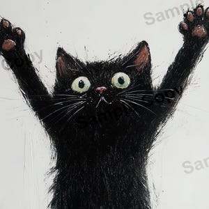 Black Cat Print Wall Art Poster - Crazy Cat - Giclee - Archival Fine Art Print