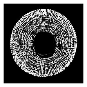 May include: A circular graphic design featuring white binary code digits arranged in concentric rings against a solid black background. The pattern consists of repeating zeros and ones, creating a dense, textured ring shape with a hollow centre.
