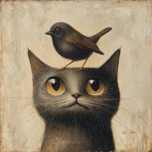 Bird Brain - Grey Cat Art Print - Comical Cute Cat Collection - Crazy Cat Lady Gift
